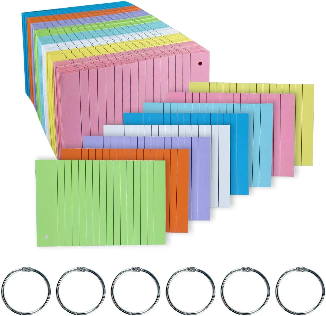TFLFL Index Cards 4x6 Inch, 600PCS Flash Cards with Rings 8 Colors Ruled Index Cards, Assorted Lined Colored Flashcards, Thin Note Cards Paper, Study Card Memo Scratch Pad for Home Office School