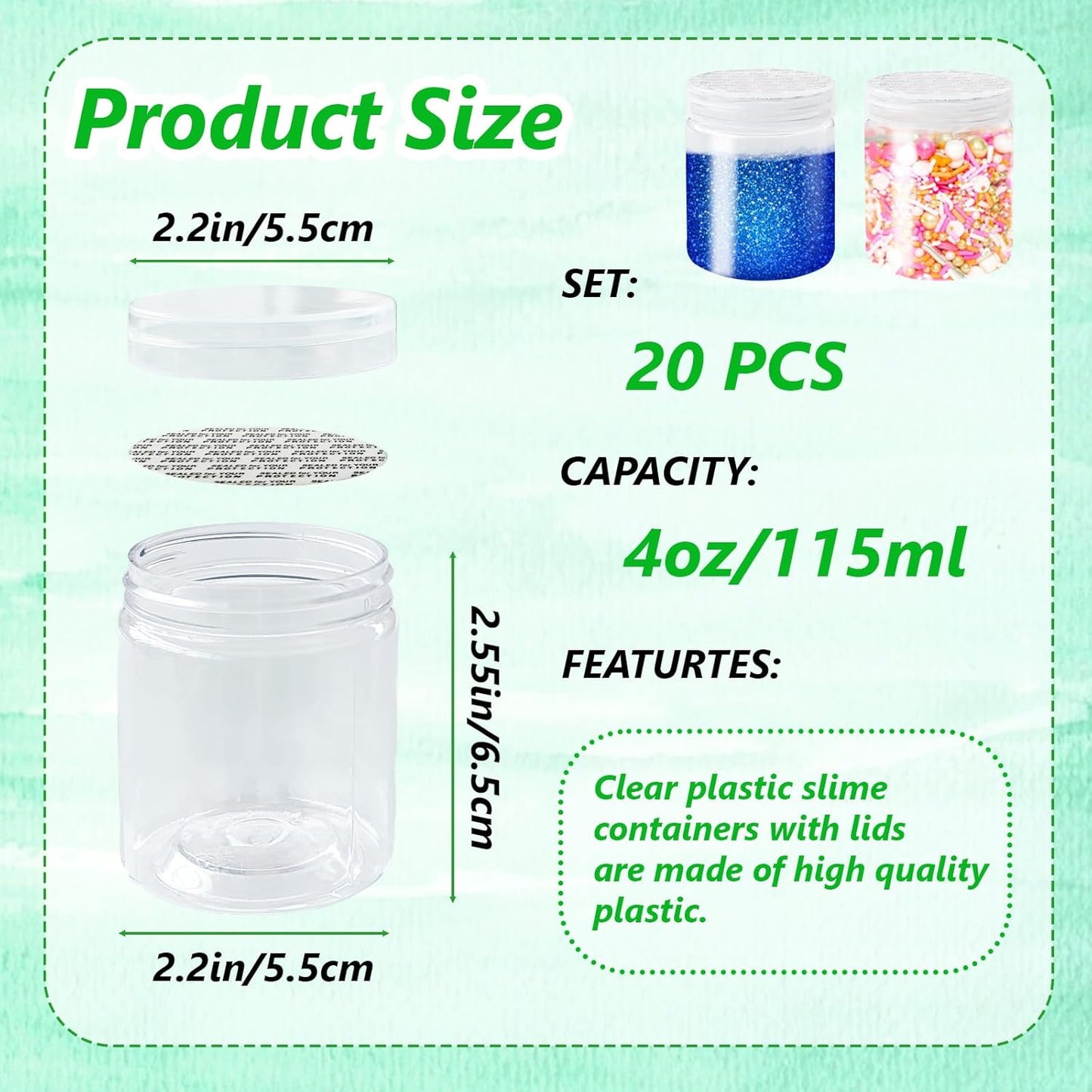 20Pack 4oz Clear Plastic Slime Containers with Lids,Round Refillable Travel Storage Sealed Jars Wide Mouth Container for Candy,Makeup,Cosmetics,Lotions,Eye Shadow,Cream,Butters