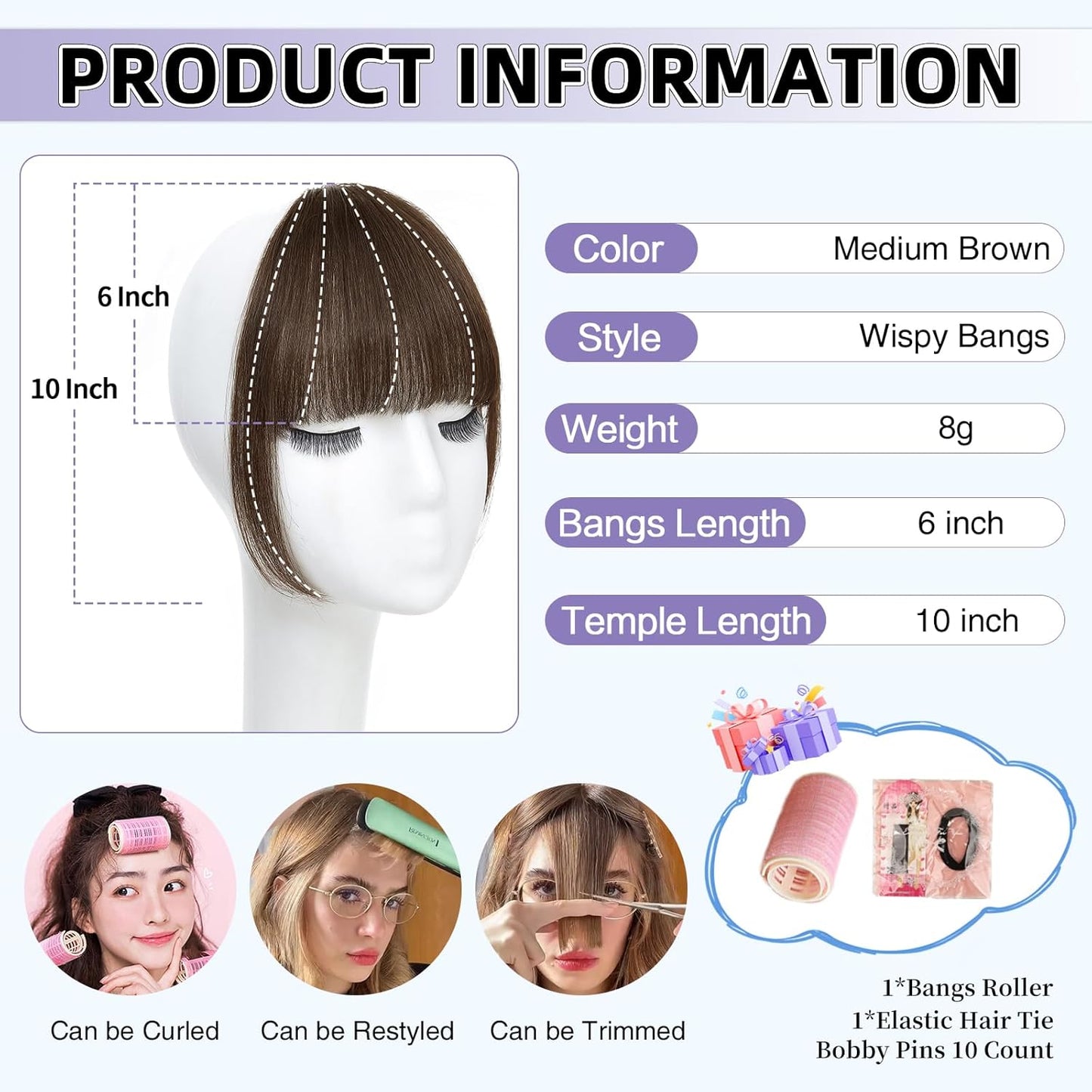 Wispy Bangs Hair Clip, 100% Human Hair Clip In Medium Brown Bangs for Women, Soft Layered Fake Bangs with Feathered Fringe, Easy Clip-On Design for Daily Wear & Halloween