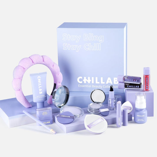 Chillab Luxe Ultimate Makeup Collection 14-Piece Set Includes Compact Powder, Lip Oil, Primer, Brushes, and Cloud Puff