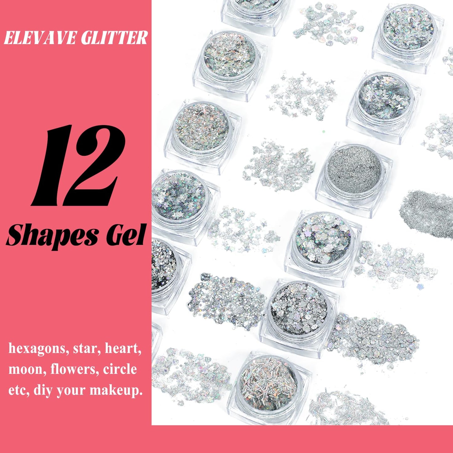 Body Glitter Face Glitter, Hair Glitter for Kids, 12 Shapes Fine Chunky Glitter Gel for Women Girls Makeup Sparkles Party Mermaid Sequins Rave Accessories Singer Concerts Festival (Silver Scheme)