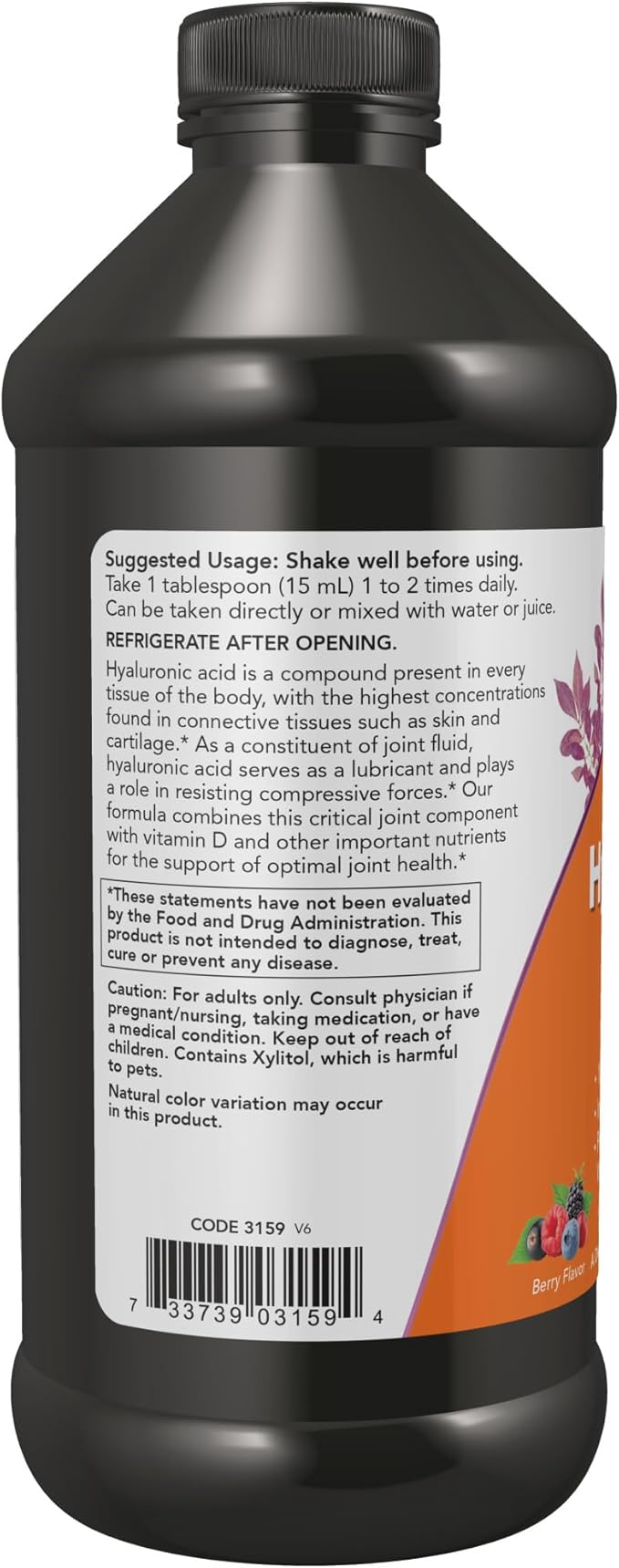 NOW Foods Supplements, Liquid Hyaluronic Acid, Delicious Berry Flavor, 100 mg Per Serving, 16-Ounce