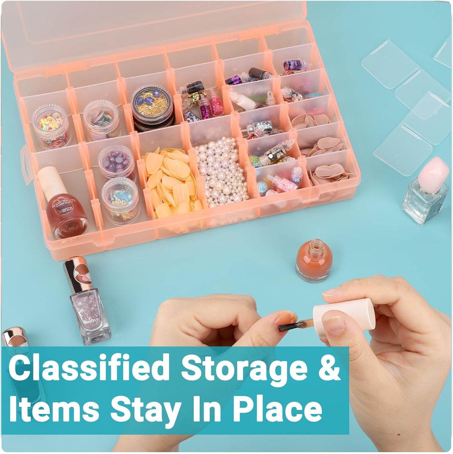 Nail Art Organizer Box, 36-Grid Empty False Nail Tip Storage Box Organizing Containers for Nail Crystals, Rhinestones Nail Accessories with Adjustable Plastic Dividers, 2 Packs, Orange