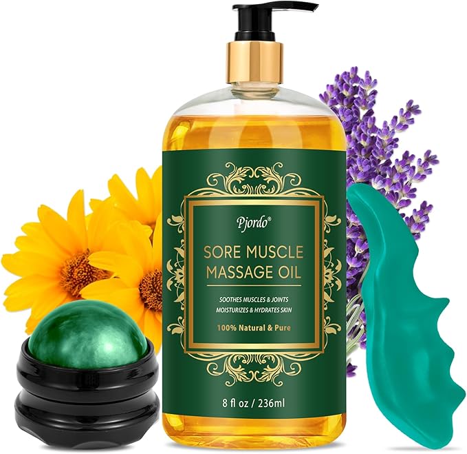 Sore Muscle Massage Oil for Massage, with Massage Roller Ball & Thumb Saver Massager, Body Massage Oil (8 Fl Oz)