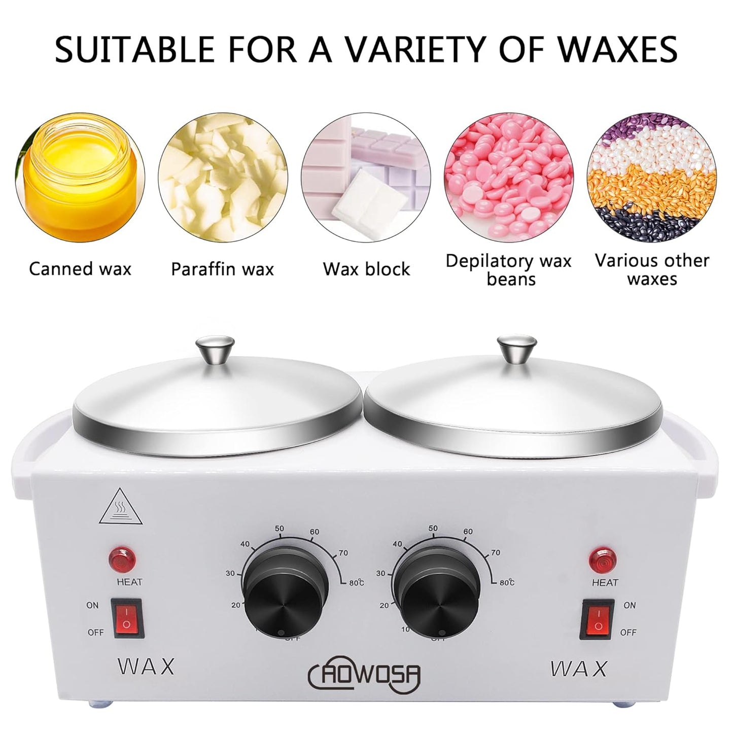 Professional Waxing Kit Wax Warmer Double Pot Wax Heater Machine for Hair Removal, Large Wax Pot for Spa Salon Beauty Esthetician Home, with Adjustable Temperature Set, 50 Wax Stick(White)