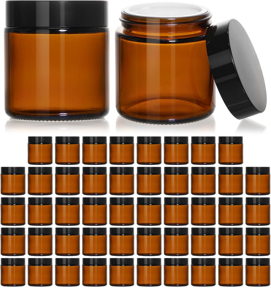 KEYWING 4oz Amber Glass Jars with Black Lids, 48 Pack Empty Cosmetic Containers Small Glass Jars with Inner Liners for Creams, Lotions, Ointments and Powders