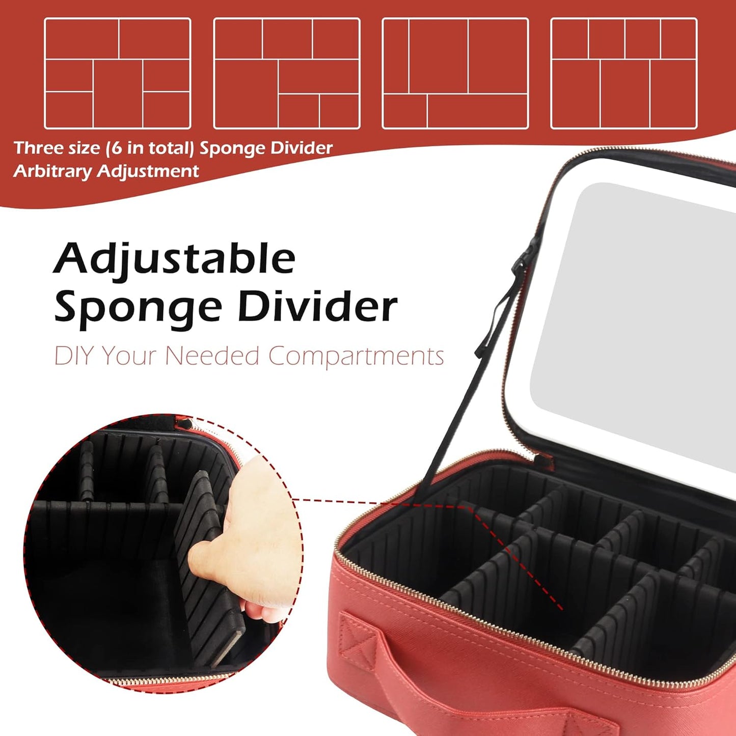 MOMIRA Travel Makeup Bag Cosmetic Bag Makeup Organizer Bag with Lighted Mirror, Adjustable Brightness in 3 Color Scenarios, Waterproof Makeup Train Case, Gift for Women - Red