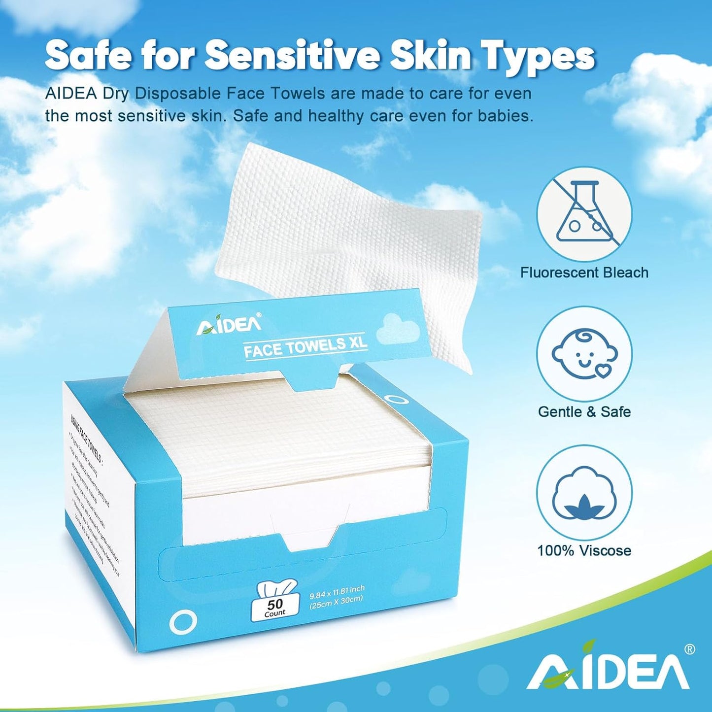 AIDEA XL Face Towels Disposable-200Ct (4 Box), Clean Facial Cloths, Facial Cleansing Wipes for Sensitive Skin, Face Towelettes for Makeup Removing, Nursing, Travel, Dry Wipes 9.84"×11.81"