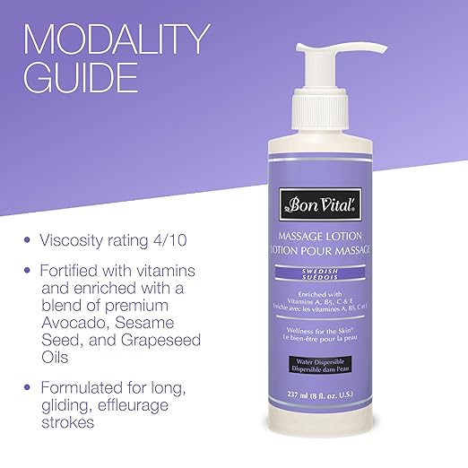 Bon Vital' Swedish Massage Lotion for Skin Tone Improvement, Dry Skin Repair, Increased Circulation, and Stress Relief, Great for Massage Therapists Who Perform Swedish and Sports Massages, 8 Oz