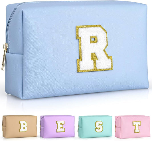 TOPEAST Cosmetic Travel Bags for Women, Preppy Small Makeup Bag, PU Leather Waterproof Toiletry Bag, Unique Friendship Gifts for Friends Coworker, Cute Stuff for Girls (Sky Blue R)