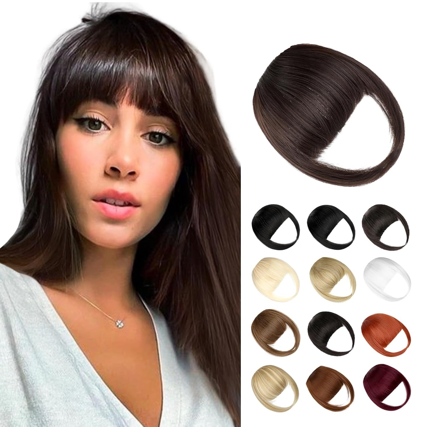 Bangs Hair Clip in Bangs, Fake Bangs Natrual Clip on Bangs Medium Brown,Faux Bangs Easy Clip in Hair Extenisons,French Bangs Fringe with Temples Hairpieces Curved Bangs for Daily Wear