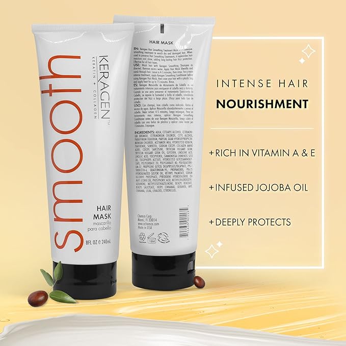 Keragen - Mask for Dry Damaged Hair, 8 Oz - Deep Moisturizing Conditioning Treatment, Repairs and Restore, Frizz-Free Infused with Keratin, Panthenol, Collagen, Jojoba Oil