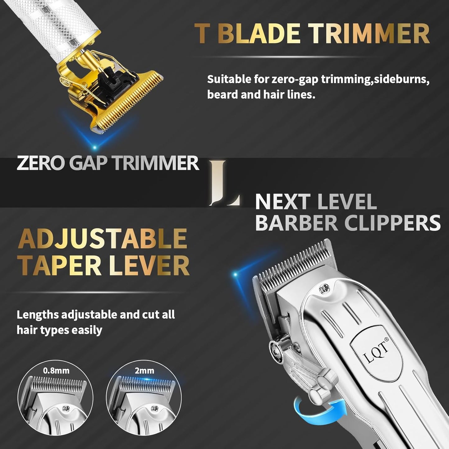 Professional Hair Clipper Set, Gold, LED Display, with Trimmer, 8 Guide Combs, Barber Shaver Set, with Travel Case and Haircut Cape (Silver)