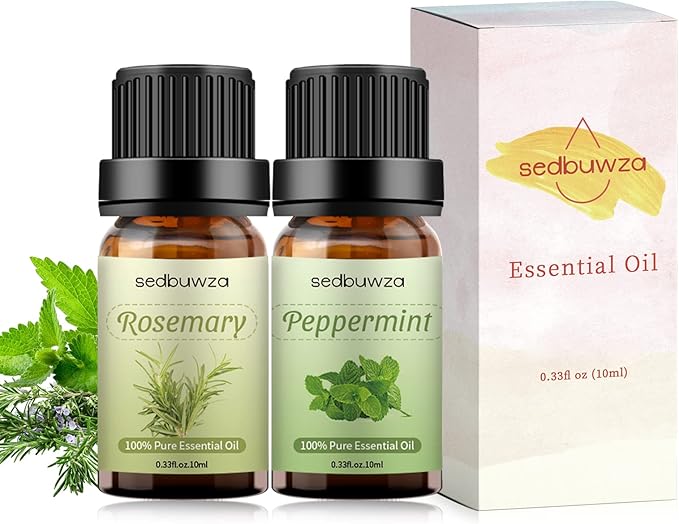 Sedbuwza Rosemary Peppermint Essential Oil Set, Rosemary Fragrance Oil Peppermint Scent Oil Set for Diffuser, Aromatherapy, Massage, Soap, Candle Making 2 x 10 ml