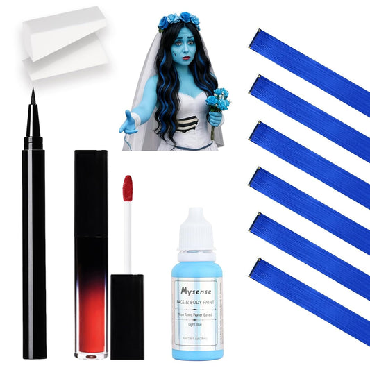 Halloween Makeup Kit for Corpse Bride Costume Women Girls Kids,Costume Accessories Cosplay Makeup Set with Light Blue Face Paint,Black Liquid Eyeliner,Red Lipstick,Blue Clip in Hair Extensions&Sponges