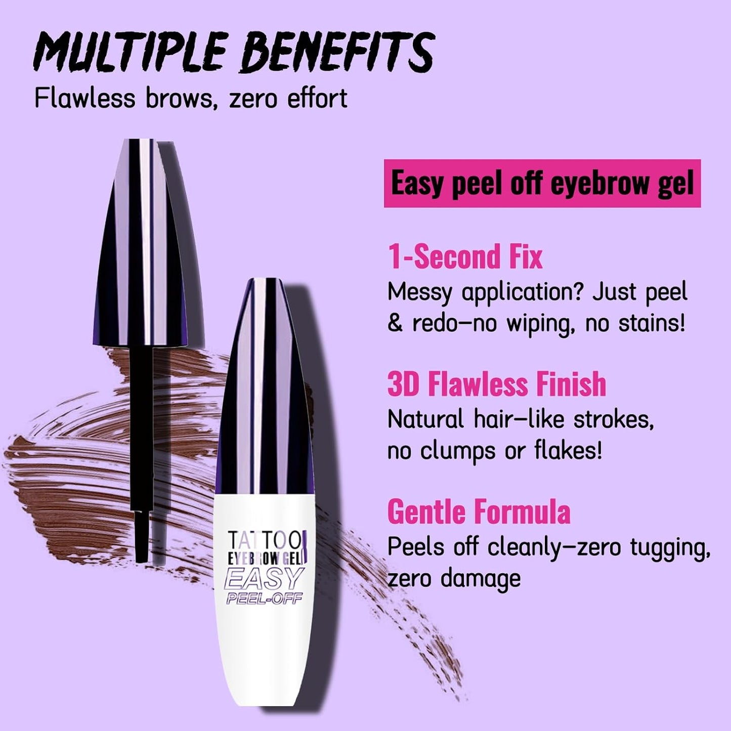 Easy Peel Off Eyebrow Gel, Tattoo Eyebrow Gel Easy Peel Off, Waterproof & Transfer-Proof Lasts Up to 3 Days Brow Color for Women, Create Fuller & Defined Looking Brows At-Home (03# Gray Brown)
