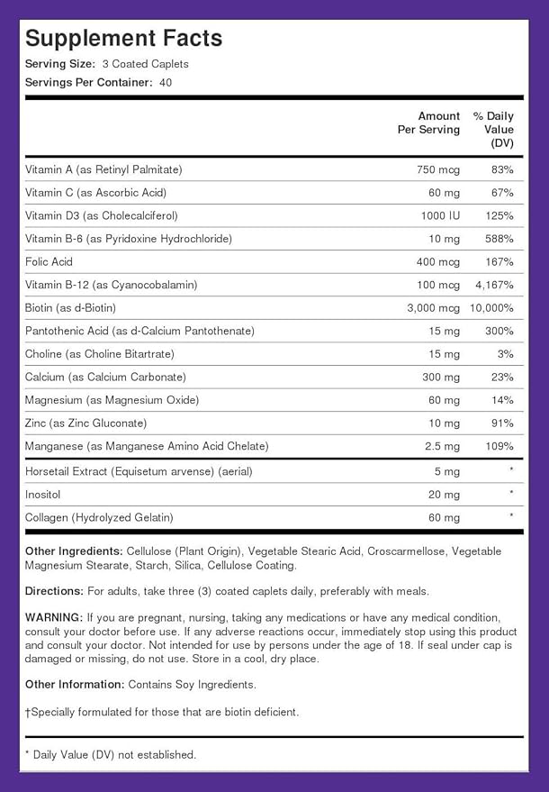 Piping Rock Hair Skin and Nails Vitamins | 120 Caplet Pills | with Collagen | 5000 mcg of Biotin | Non-GMO, Gluten Free Supplement