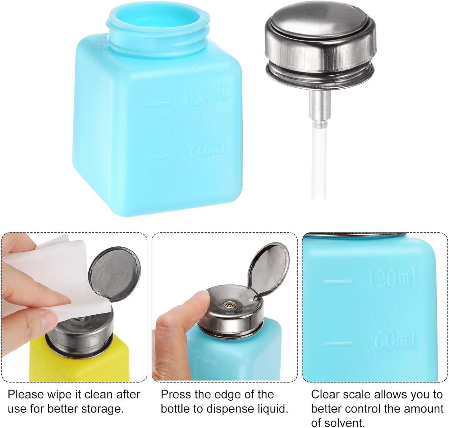 HARFINGTON 4PCS 120ML(4oz) Push Down Alcohol Dispenser Pump Liquid Press Empty Bottles Refillable Container for Acetone Cleanser Nail Polish Remover, Blue