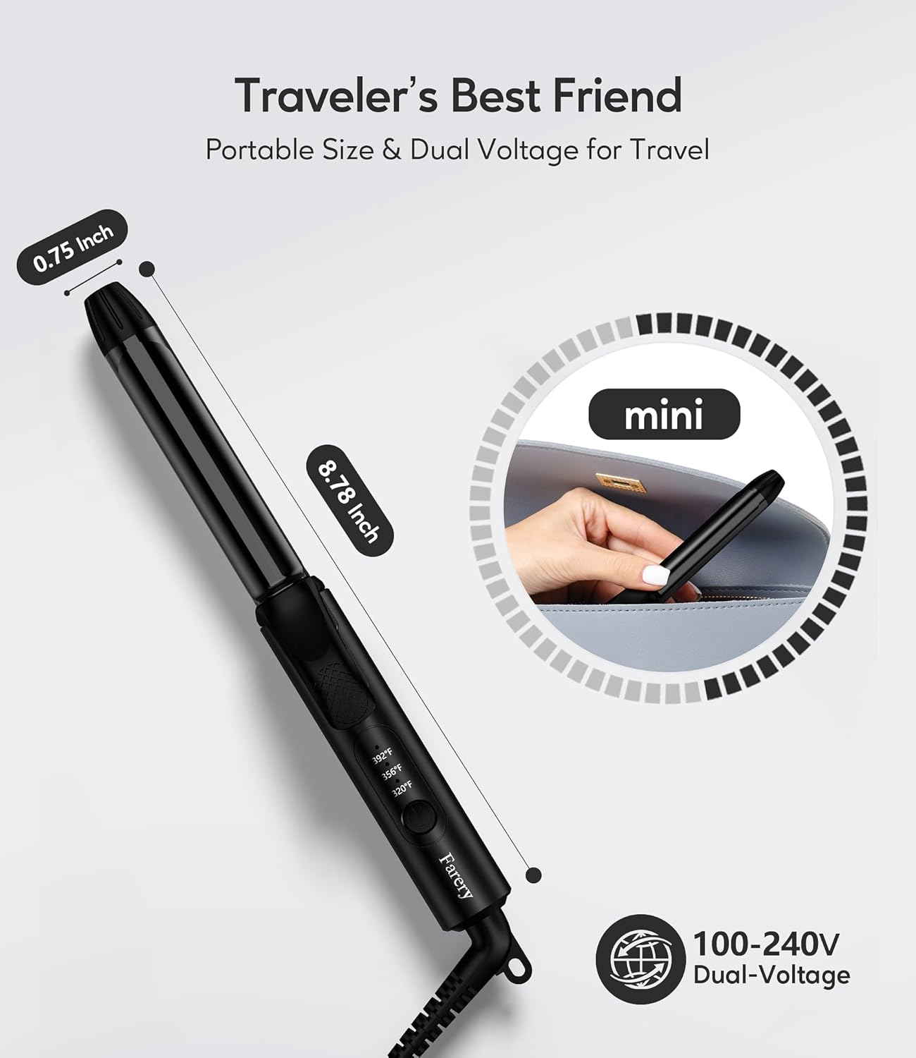FARERY Mini Curling Iron Dual Voltage, 3/4 Inch Travel Curling Iron with 3 Adjustable Temperature, Ceramic Mini Hair Curler with Argan Oil & Keratin Infused, Travel Size Curling Wand with Storage Bag