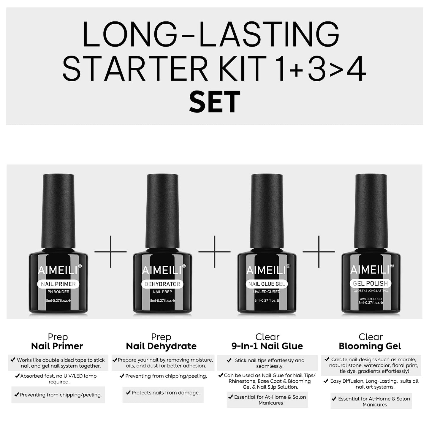 AIMEILI Nail Dehydrator Primer Nail Glue Blooming for Gel Nail Polish 4pcs, Cruelty Free, Vegan, U V LED Nail Art