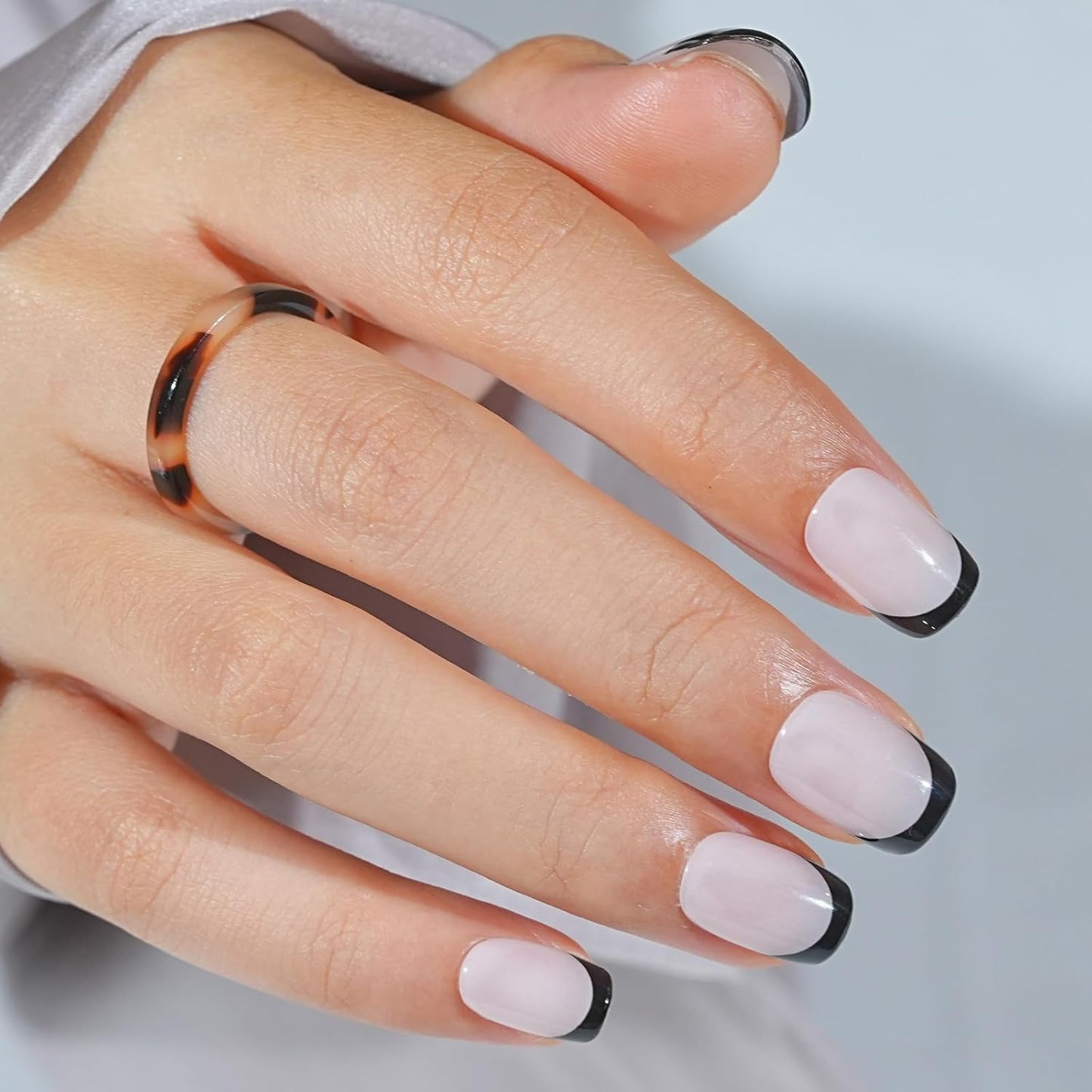 French Tip Press On Nails - Gothic Square,Black Halloween Press On Nails, Acrylic Square Short Halloween Nails with Nail Glue, Fit Perfectly & Natural Stick On Nails in 16 Sizes - 32 PCS Soft Gel Kit