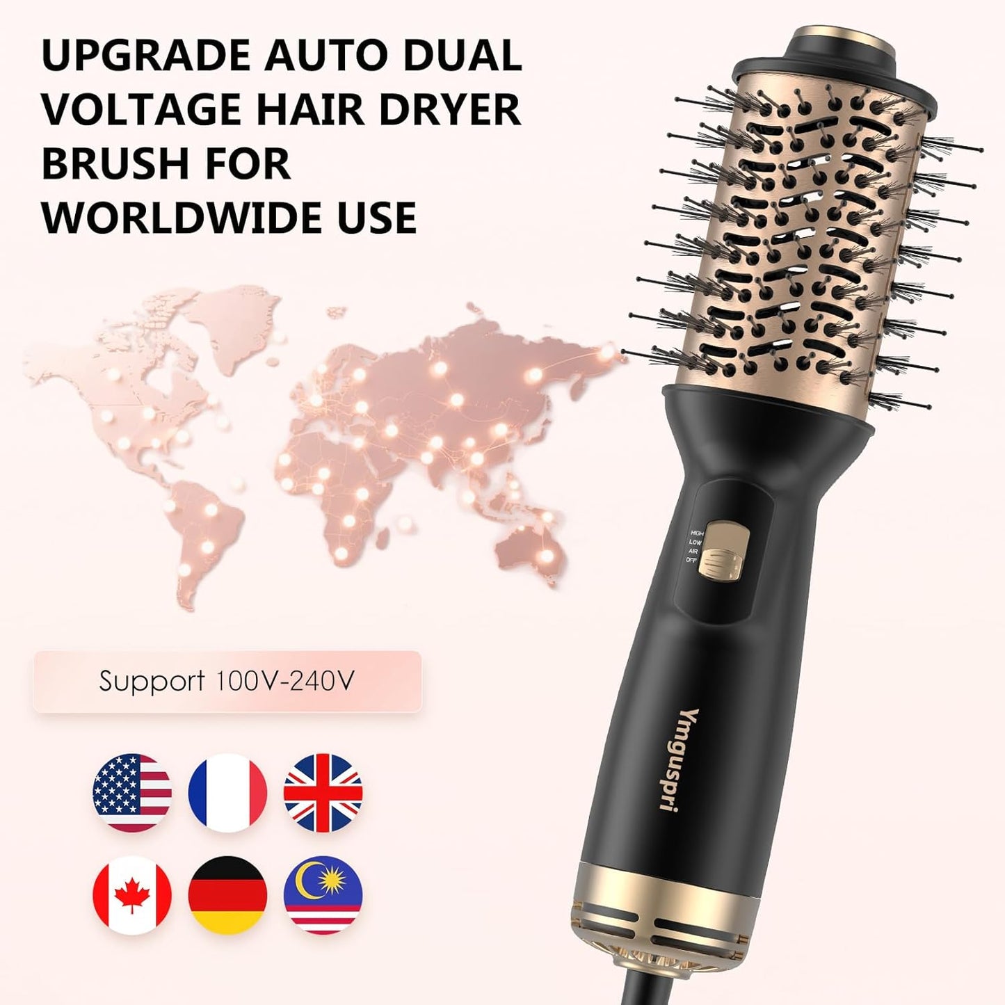 Travel Dual Voltage Hair Dryer Brush, Mini Auto Blow Dryer Brush in one, 2 Inch One Step Hot Air Hair Dryer and Styler for Home & Salon with EU&UK Plug (Gold)