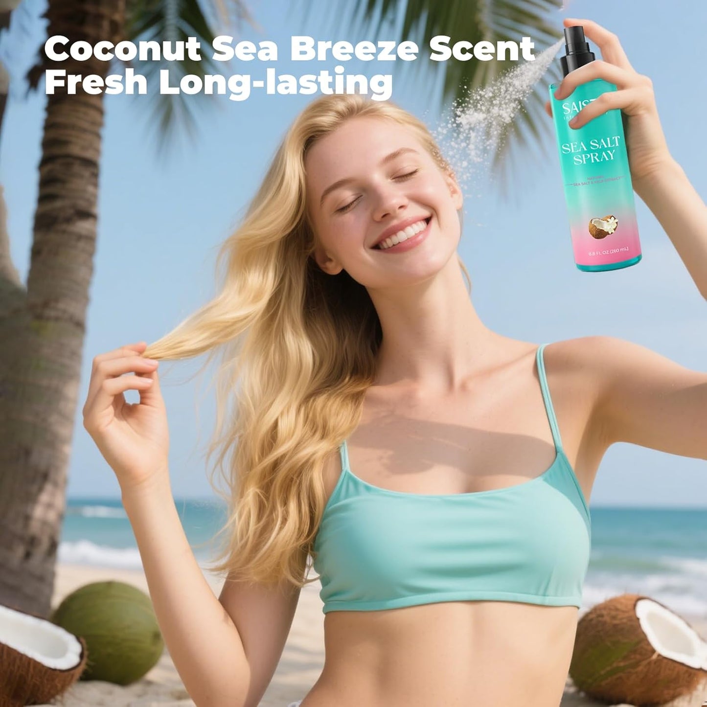 Sea Salt Spray for Women and Men, Travel Essentials, Beach Vacation Essentials, Coconut Volumizing Salt Water Spray, Effortlessly Achieve Beach, Wavy and Curly Hair, 8.8 oz