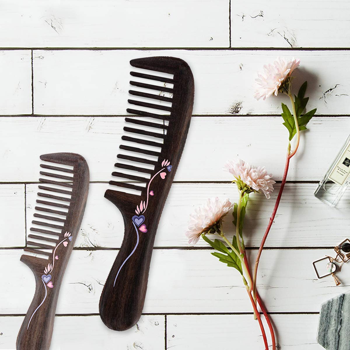 TAN MUJIANG Natural Wood Comb, Handmade Decorative women Hair Comb Tools Salon for Detangling and Styling Wet or Dry Curly, Thick, Wavy, or Straight Hair 7.1" Long Waist comb