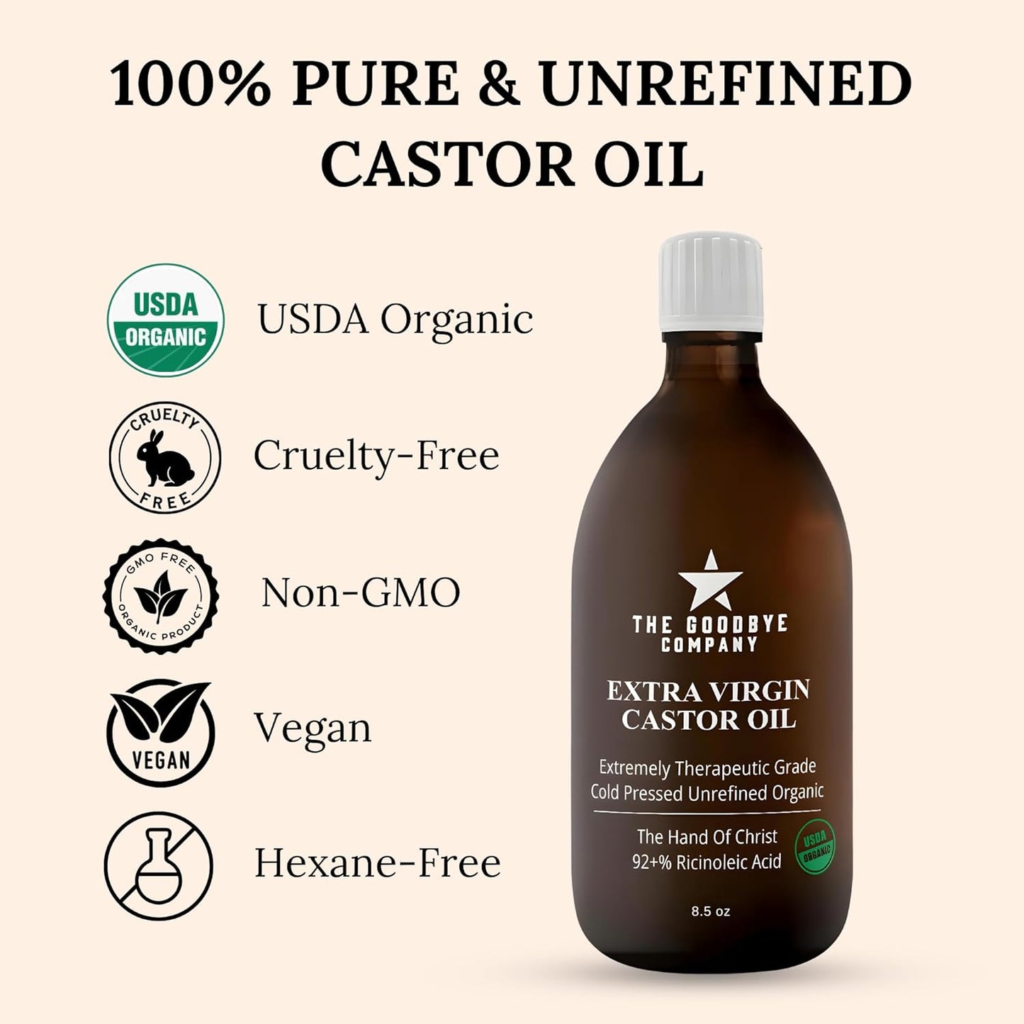 The Goodbye Company Organic Cold-Pressed Castor Oil - 8.5 oz Glass Bottle, Hexane-Free, Extra Virgin, Small Batch Family Farm Ethically Sourced for Hair Growth, Skin Care, Lashes, Brows & Castor Oil