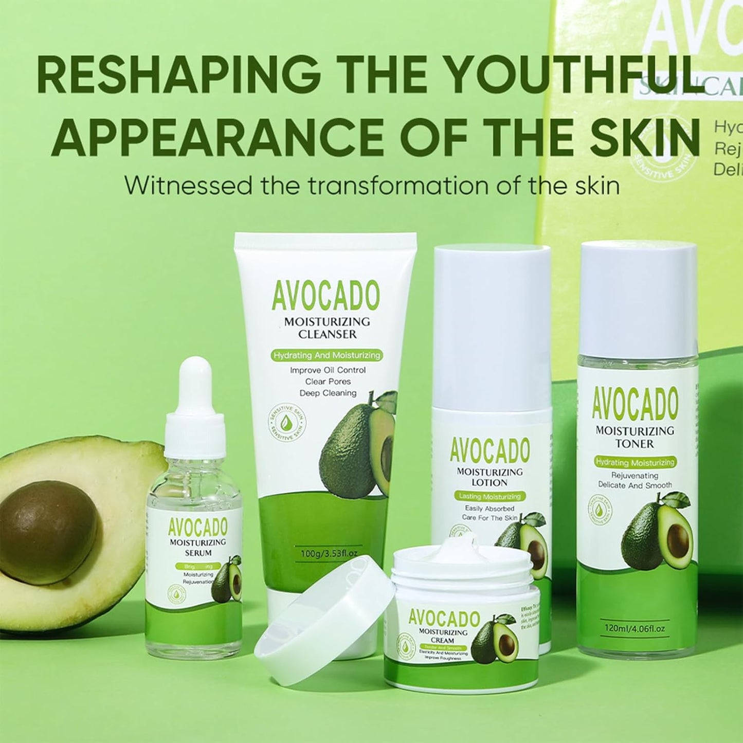 5PCS Avocado Skincare Set for Women, Facial Care Kit with Cleanser, Toner, Serum, Lotion & Cream – Moisturizing & Nourishing Skin Care Gifts for Teens & Women, Daily Hydrating Facial Set