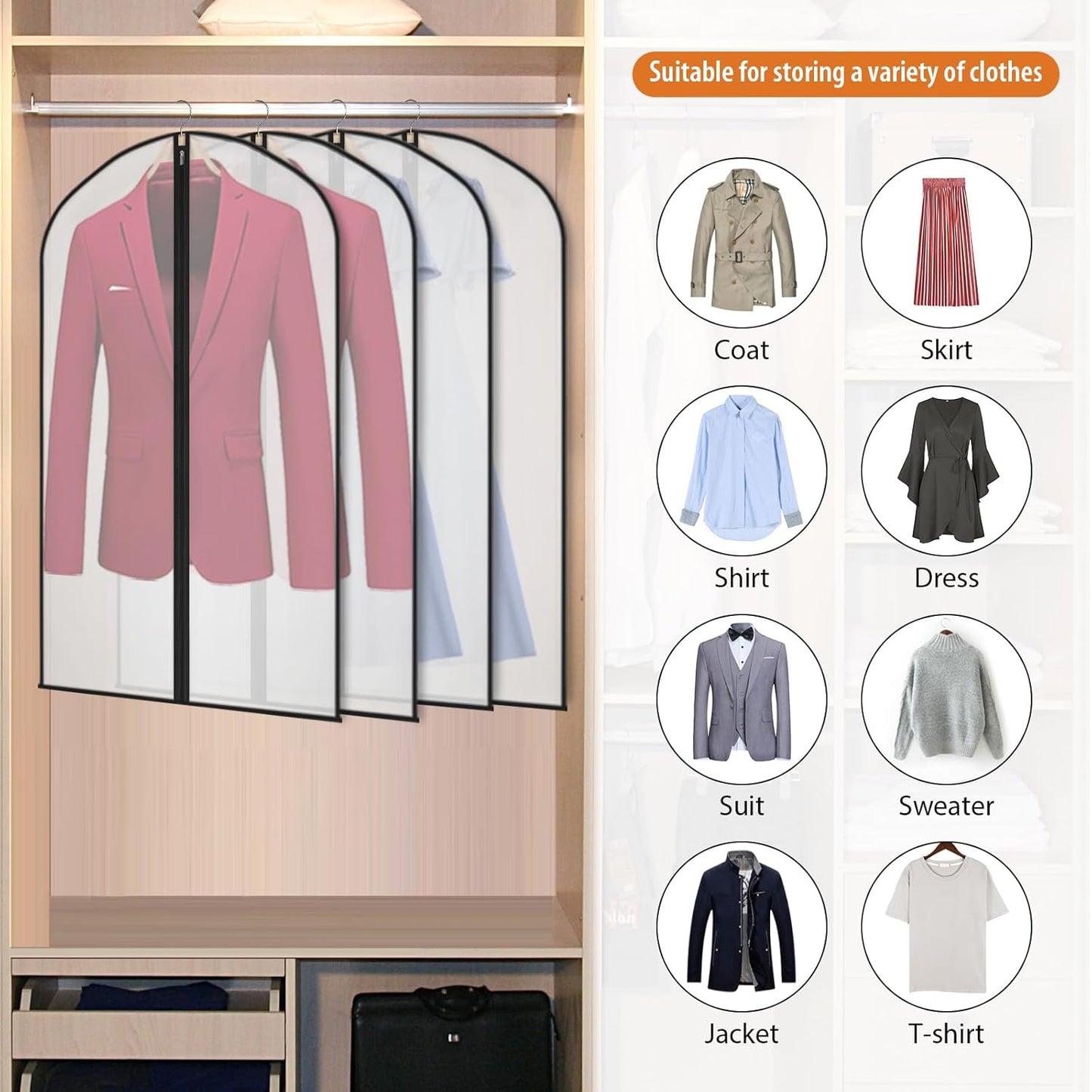 Kntiwiwo Garment Bags Clear Suit Bag for Closet Storage Hanging Clothes Dress Cover Bags (40"12pcs-Black Edges)