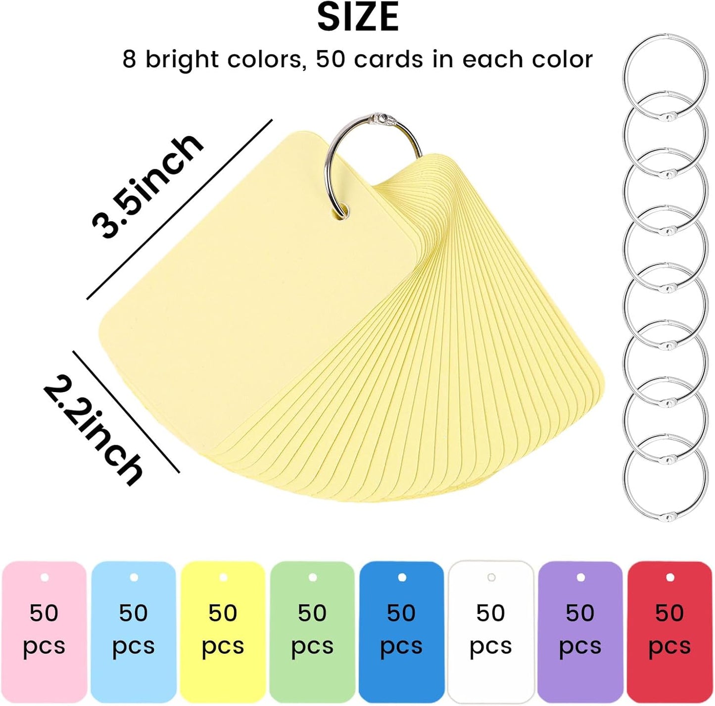 Koogel 400PCS Colored Index Cards, 2.2 x 3.5 Inch, Small Index Cards Bulk with Ring, Easy Flip Portable Notecard Blank On Both Sides Flashcard for Studying School Classroom College Supplies, 8 Colors