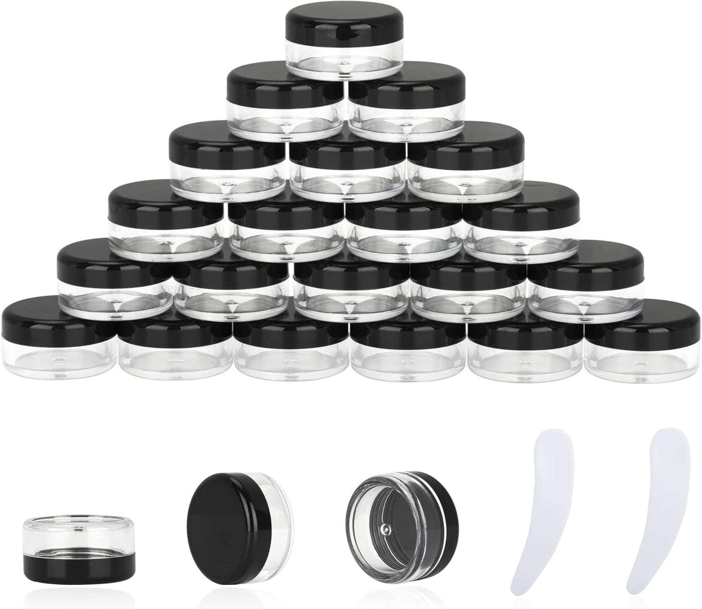 25PCS 3 Gram Sample Containers, 3ml Empty Jars with Lids, Small Cosmetic Containers, Mini Sample Jars with 2PCS Mini Spatulas for Make Up, Oils, Lotion, Powder, Paint, Jewelry, Lip Balms(Black Lid)