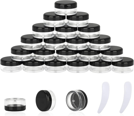 25PCS 3 Gram Sample Containers, 3ml Empty Jars with Lids, Small Cosmetic Containers, Mini Sample Jars with 2PCS Mini Spatulas for Make Up, Oils, Lotion, Powder, Paint, Jewelry, Lip Balms(Black Lid)