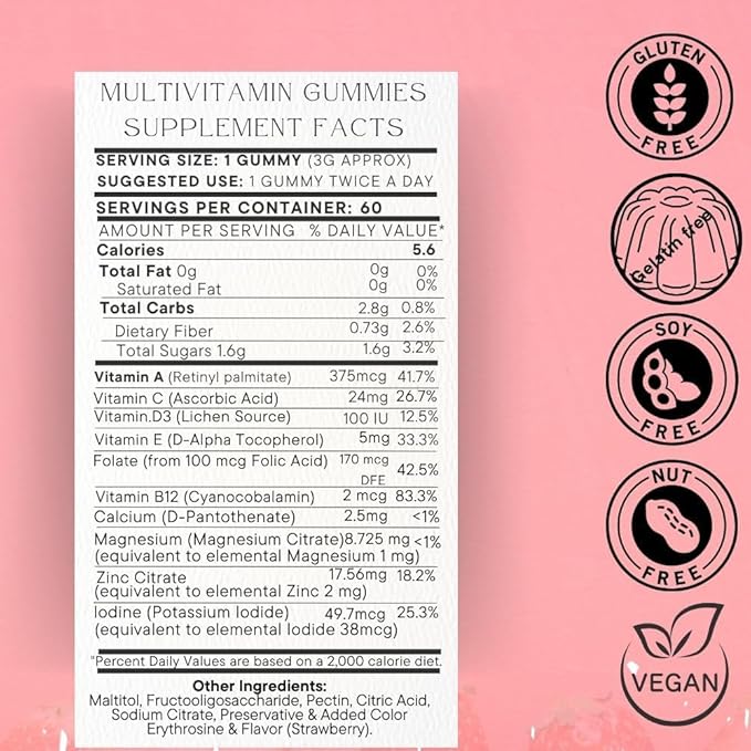 SOHM Multivitamins Gummies, 60 Count, Supports Healthy Life, Vitamin A, Vitamin C,Vitamin E,Vitamin D3,Folic Acid Gummies,Multivitamins for Men and Women