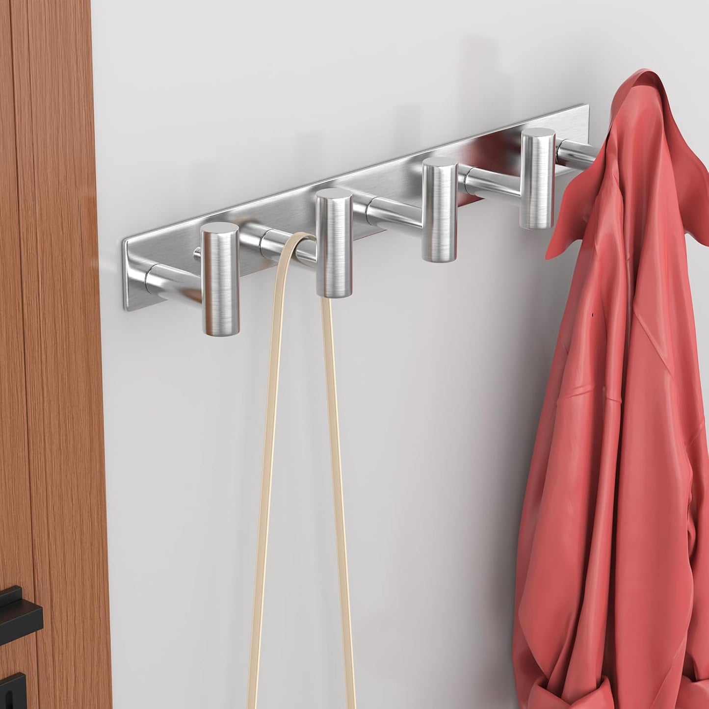 HUFEEOH Coat Hooks Wall Mount, 2 Pack T Shaped 5 Hooks Stainless Steel Wall Hooks Silver Towel Rack for Hanging, Heavy Duty Key Holder Hat Rack Used for Bathroom