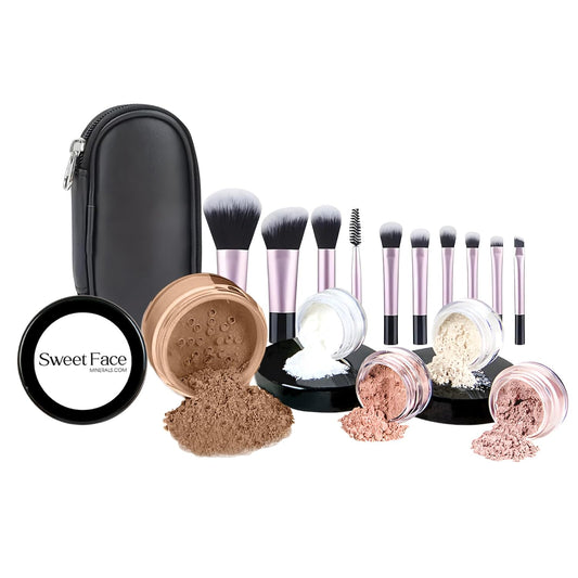 16pc Beginner Mineral Makeup STARTER KIT with 10 BRUSH SET (5gm)Sample Size Foundation, Primer, Blush, Bronzer, Setting Powder for Learning, Occasional Use & First Time Users, Travel Size Kit (Cocoa)