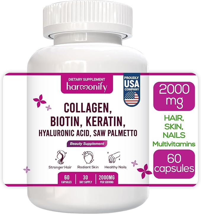 Collagen Biotin Keratin Hyaluronic Acid Complex Supplement with Vitamin E, Folic Acid, Pumpkin Seed and MSM, 60 Capsules, 1000 mg