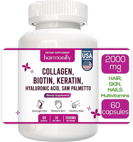 Collagen Biotin Keratin Hyaluronic Acid Complex Supplement with Vitamin E, Folic Acid, Pumpkin Seed and MSM, 60 Capsules, 1000 mg
