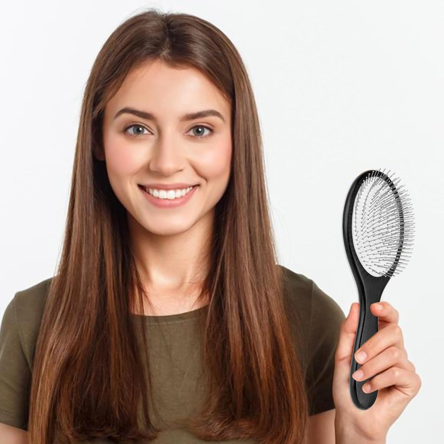 Paddle Wig Brush, Portable Travel Hair Brush with Metal Bristle and Wood Handle, Anti-static Air Cushion Detangler Hairbrush for Women and Men Hair Growth and Scalp Massaging - Black