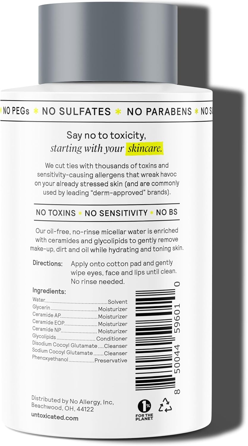 Untoxicated Micellar Water - Gentle Makeup Remover, No Rinse Cleanser & Toner for Sensitive Skin - No Common Irritants - Free from Alcohol, Oil, & Fragrance - 7 Ounce