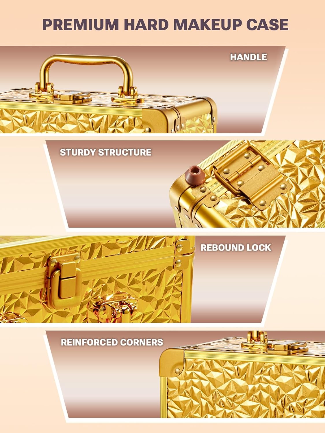 Qislee Makeup Box with A Detachable Lighted Mirror, Waterproof Travel Train Case, Cosmetic Organizer Bag and Makeup Suitcase with Adjustable Dividers, Magnetic LED Mirror (Bling Gold)