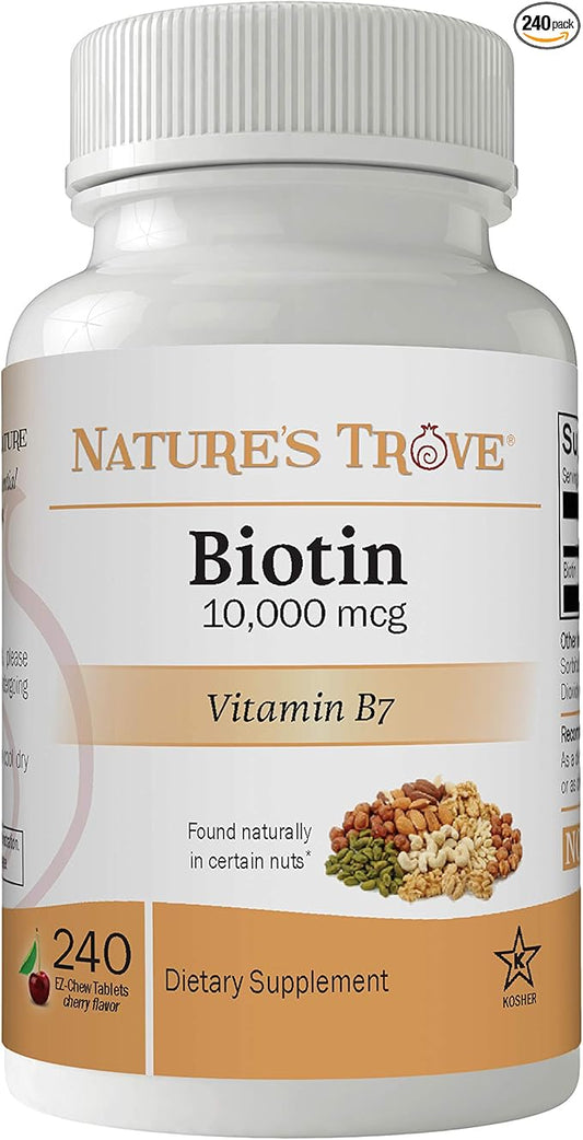 Nature's Trove Biotin 10,000 mcg 240 EZ Chew Tablets Cherry Flavor