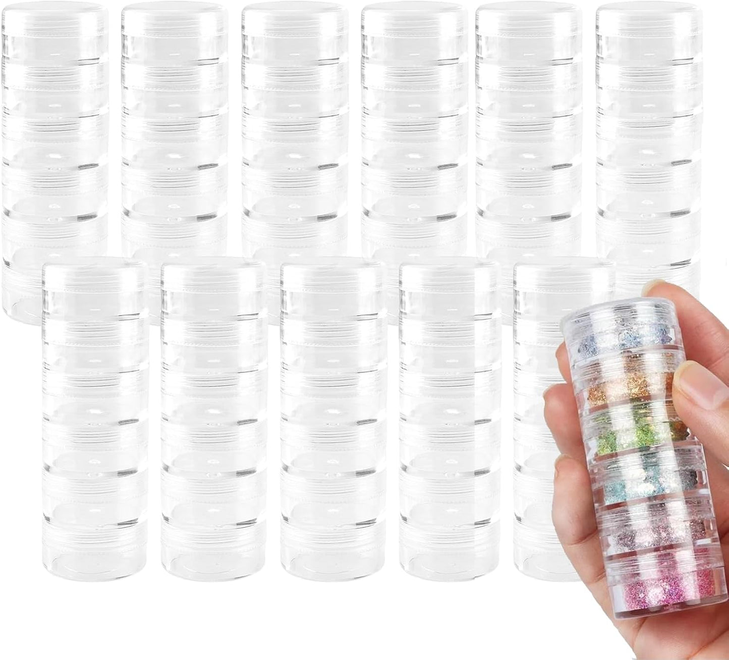 10 Sets 60 Pieces Stackable Cosmetic Containers with Screw Lids, 6 Layer 10g 10ml Round Plastic Bead Storage Box, Clear Column Empty Small Makeup Sample Jar for Glitter Diamond Painting