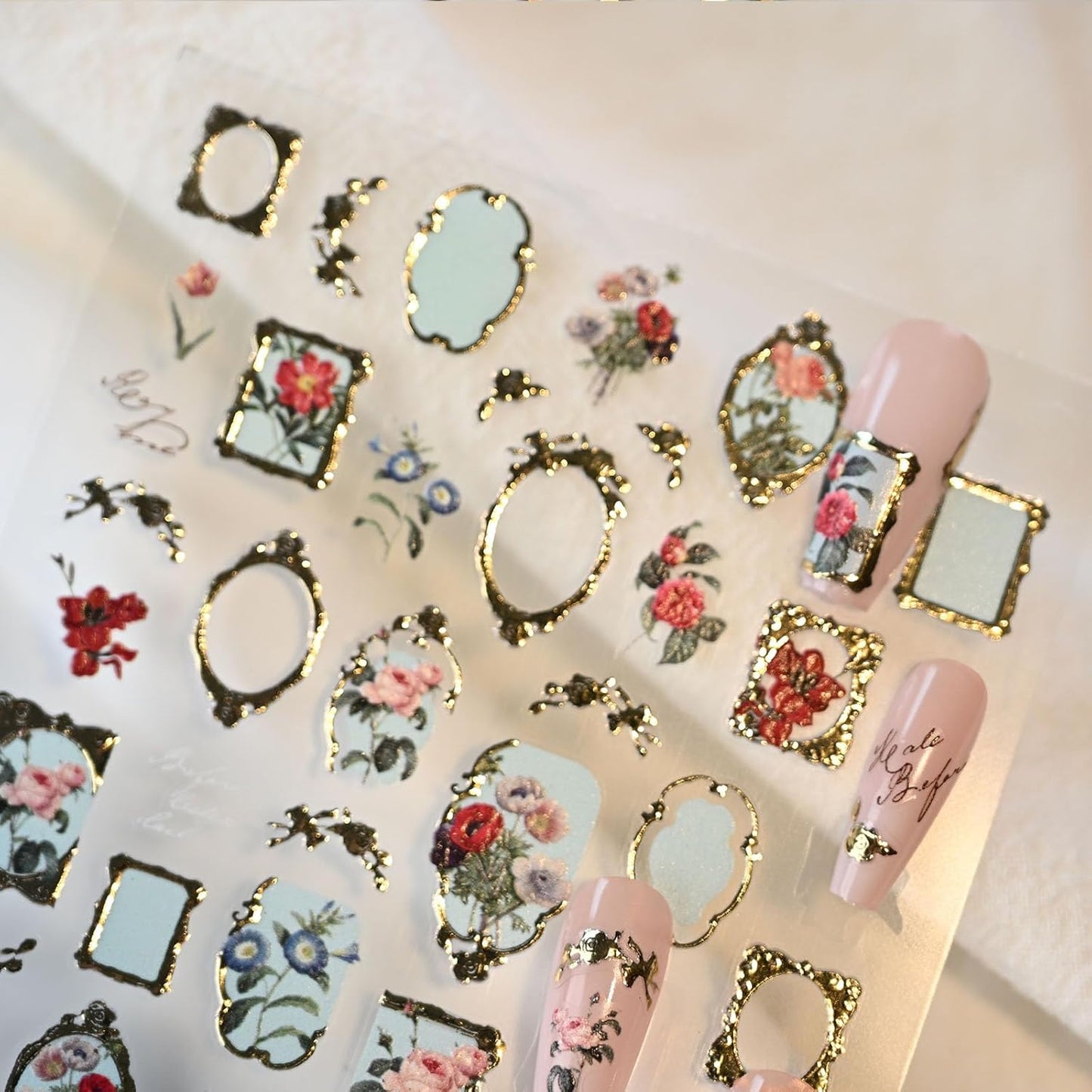 Golden Frame Flower Nail Art Stickers, Embossed Nail Decals,Vintage Floral for Nail Art Design, Self-Adhesive, Nail Accessories for Women,Aesthetic Nail Art Supplies