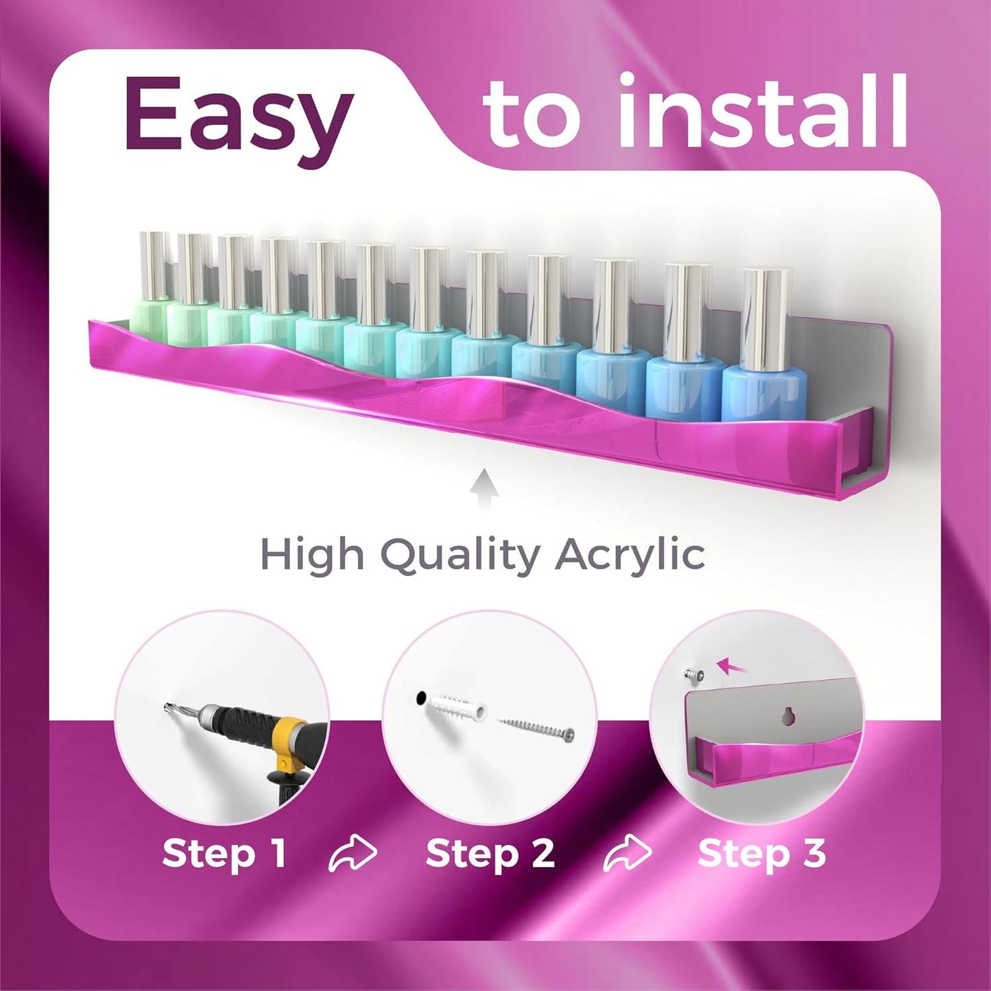 YMVV Wall-Mounted Nail Polish Organizer Rack - 15 Inch Pink Mirror Finish Nail Polish Shelf, Makeup & Beauty Essentials Storage - Multi-Purpose Display Holder for Small Space, Vanity Bathroom, 6 Pack