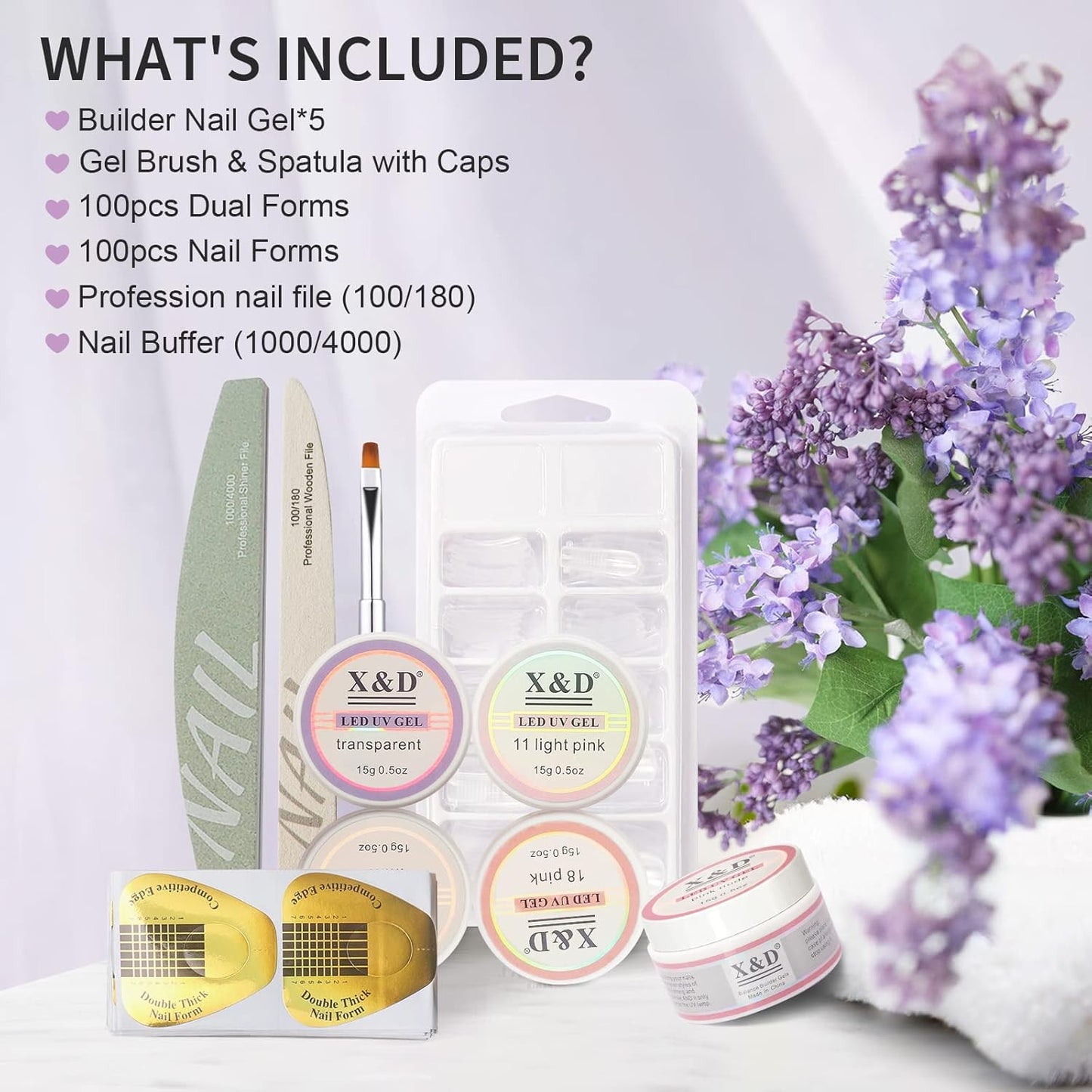 X&D Poly Gel Nail Kit - Natural Clear 5 Colors, Dual Forms, Gel Brush with Spatula, Professional Nail File and Buffer Set