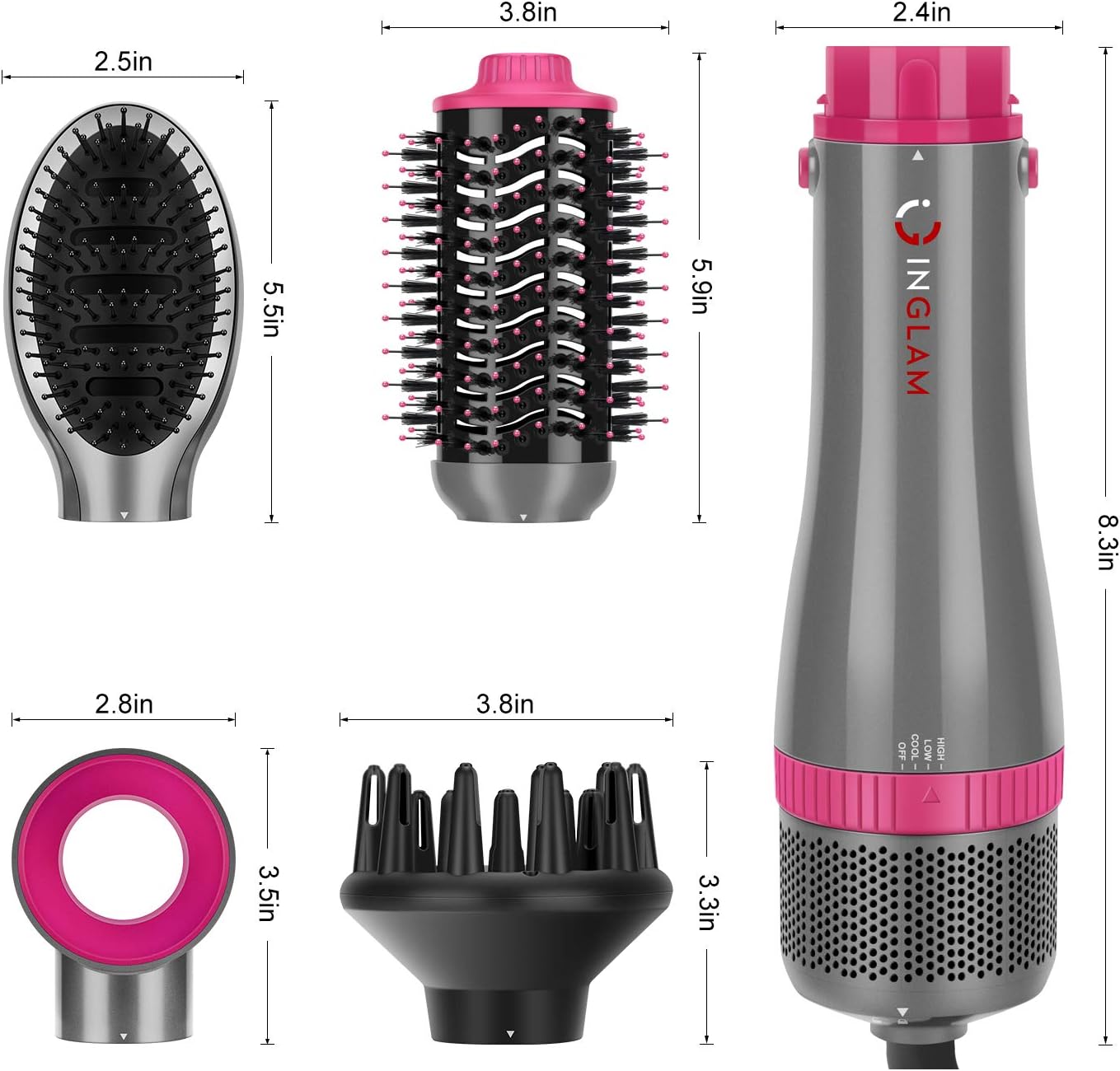 IG INGLAM 4 in 1 Blowout Brush, Negative Ion Detachable Hair Dryer & Styler Volumizer Hot Air Brush with 2 Styling Brush Heads, Silver