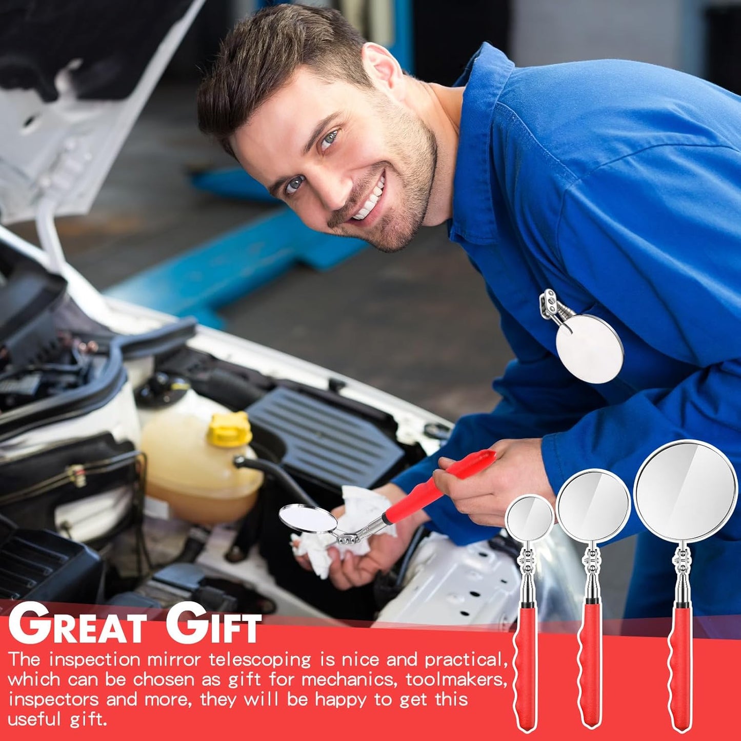 3 Pieces Telescoping Inspection Mirror Stainless Steel Extendable Mechanic Mirror with Long Handle Tool for Technicians Mechanics Contractors Eyelashes Mouth and Other Small Parts(Red)