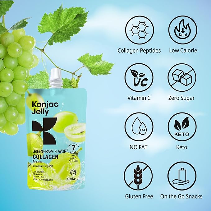 Konjac Jelly Green Grape Flavor with Collagen Peptides 10 Packs and Konjac Noodles Variety Gluten Free 12 Packs Low Calorie, Keto, Sugar Free, Healthy Food